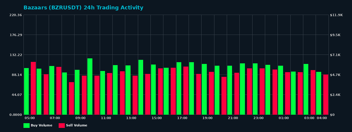 Bazaars (BZR) 24 Hour Trading Activity Chart on MEXC Exchange showing buy and sell volumes