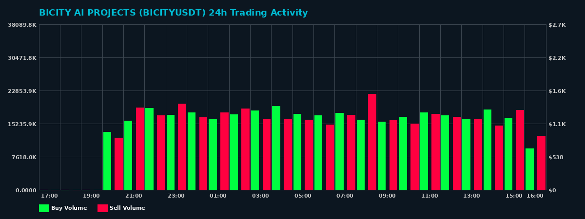 BICITY AI PROJECTS (BICITY) 24 Hour Trading Activity Chart on MEXC Exchange showing buy and sell volumes
