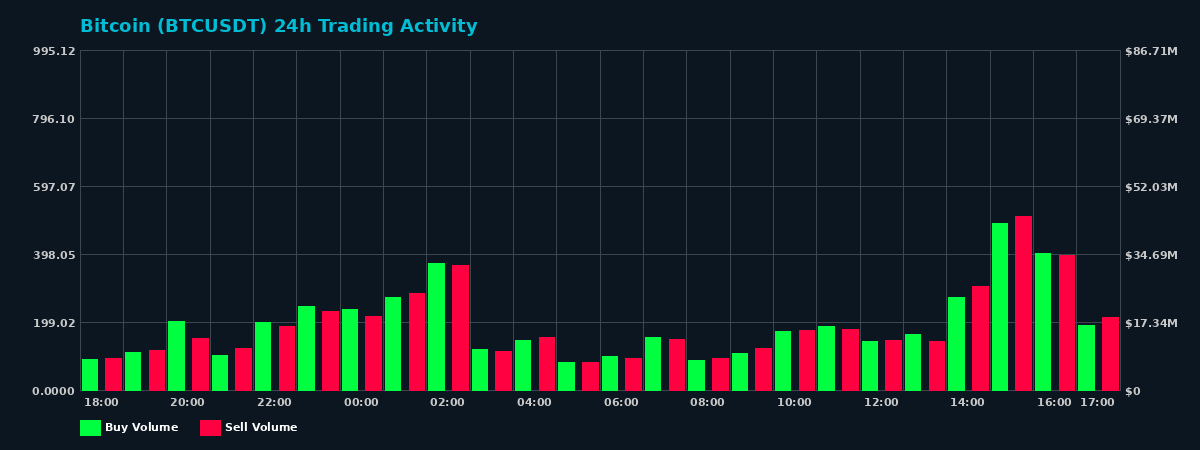 Bitcoin (BTC) 24 Hour Trading Activity Chart on MEXC Exchange showing buy and sell volumes