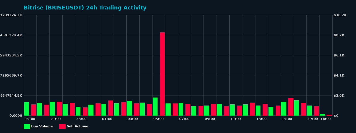 Bitrise (BRISE) 24 Hour Trading Activity Chart on MEXC Exchange showing buy and sell volumes