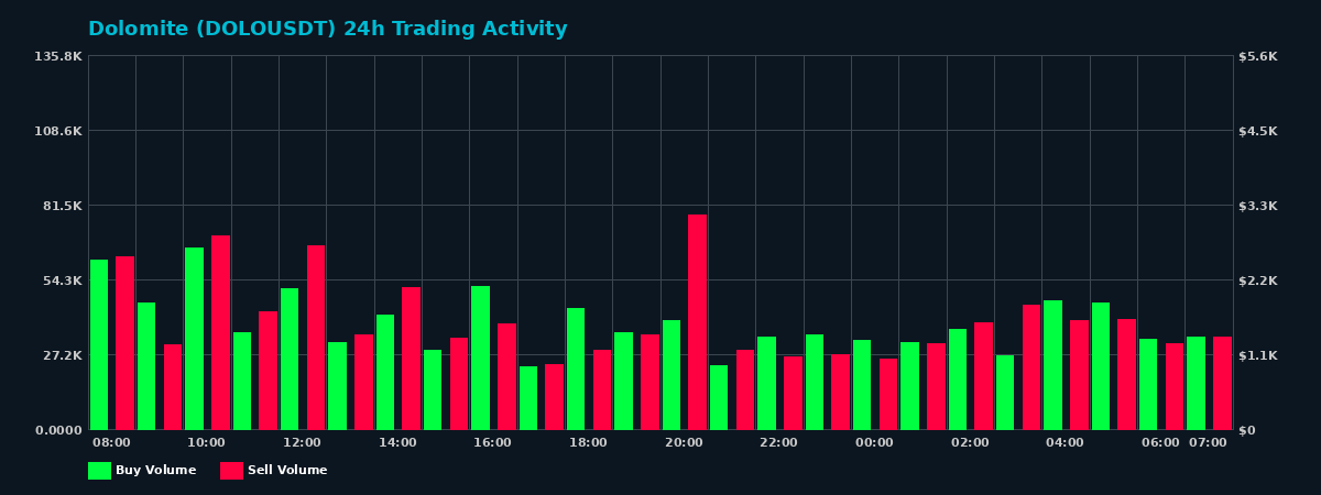 Dolomite (DOLO) 24 Hour Trading Activity Chart on MEXC Exchange showing buy and sell volumes