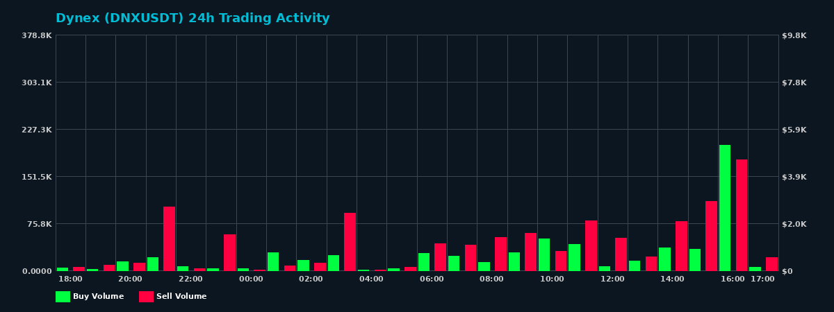 Dynex (DNX) 24 Hour Trading Activity Chart on MEXC Exchange showing buy and sell volumes