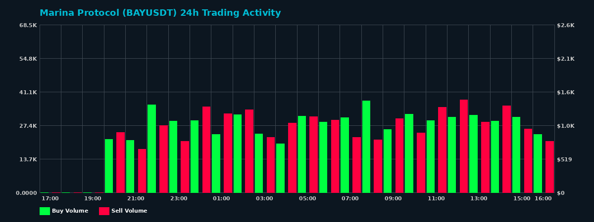 Marina Protocol (BAY) 24 Hour Trading Activity Chart on MEXC Exchange showing buy and sell volumes