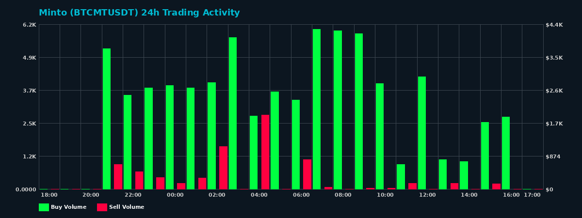 Minto (BTCMT) 24 Hour Trading Activity Chart on MEXC Exchange showing buy and sell volumes