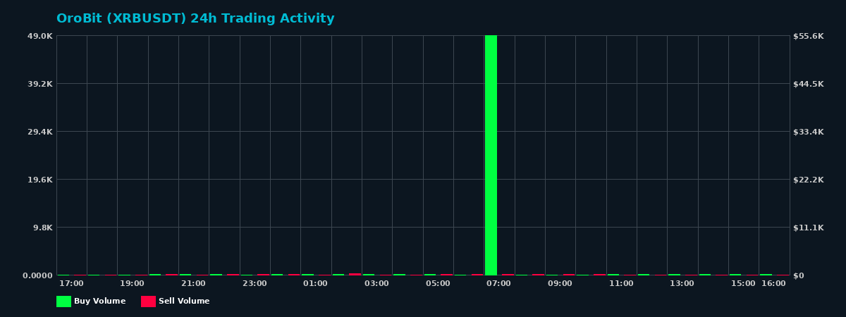 OroBit (XRB) 24 Hour Trading Activity Chart on MEXC Exchange showing buy and sell volumes