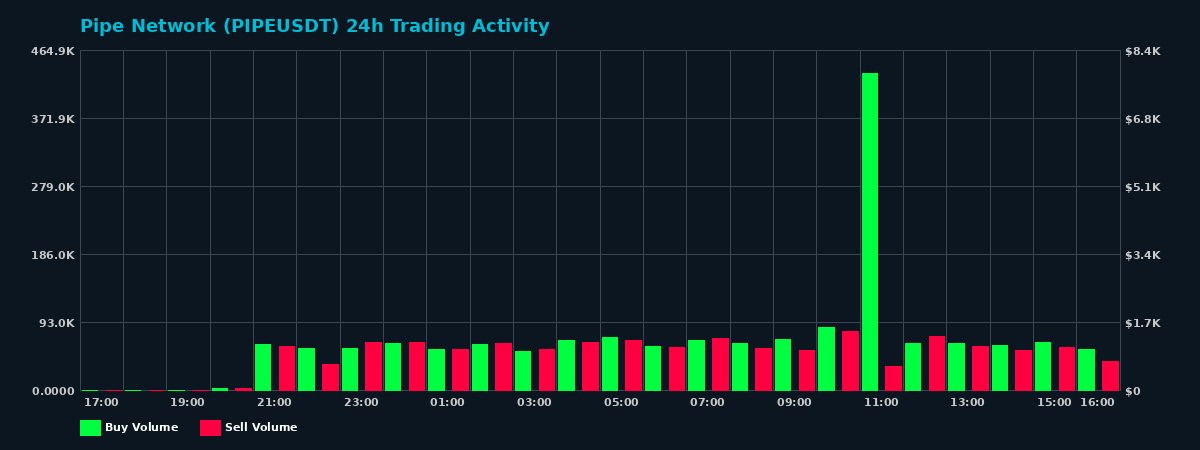 Pipe Network (PIPE) 24 Hour Trading Activity Chart on MEXC Exchange showing buy and sell volumes