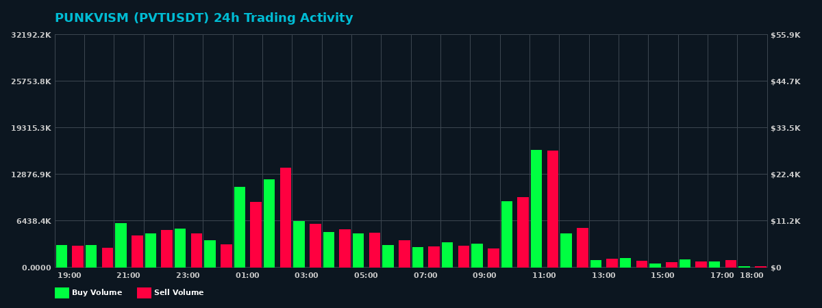 PUNKVISM (PVT) 24 Hour Trading Activity Chart on MEXC Exchange showing buy and sell volumes