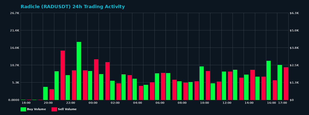 Radicle (RAD) 24 Hour Trading Activity Chart on MEXC Exchange showing buy and sell volumes