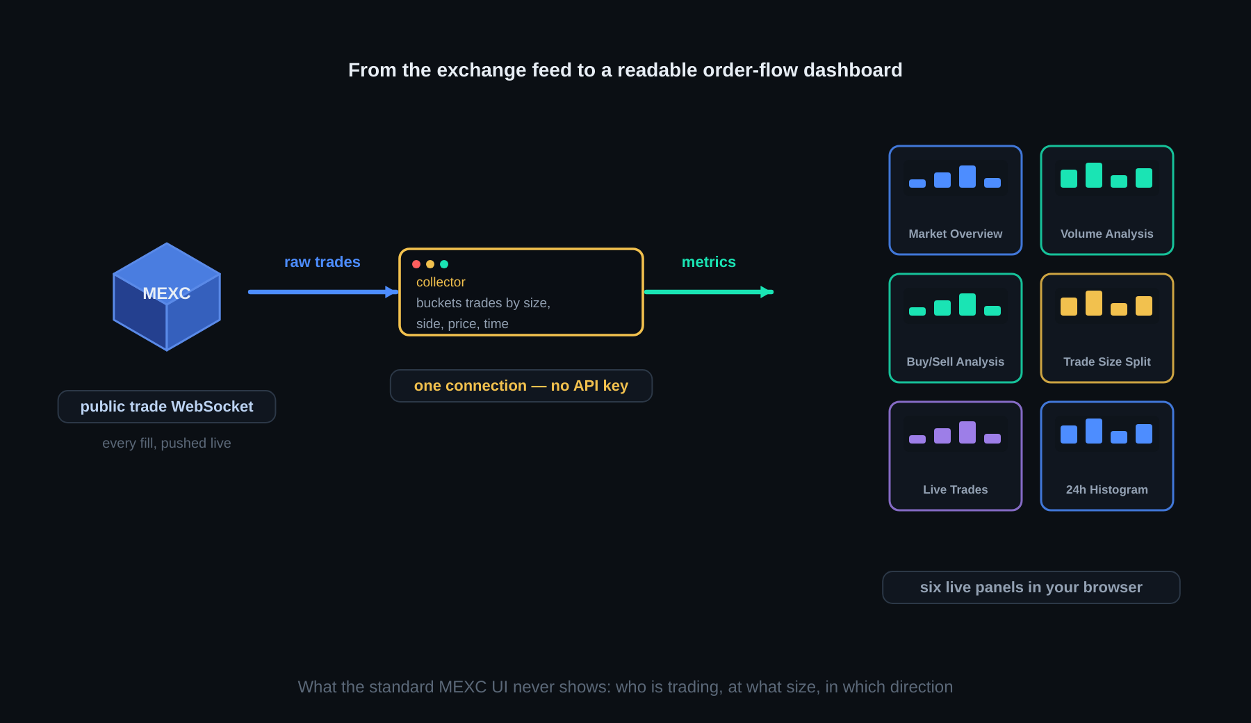 MEXC order flow pipeline — public trade WebSocket feeds a collector that buckets every fill into six live analytics panels