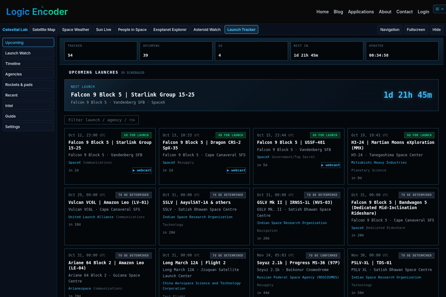 Actual Launch Tracker in Celestial Lab application view captured on 11 October 2026.