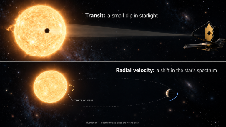 Transit detection and stellar radial-velocity changes illustrate two exoplanet discovery methods.