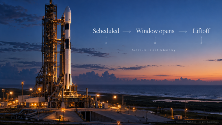 A scheduled launch and its launch window precede actual liftoff.
