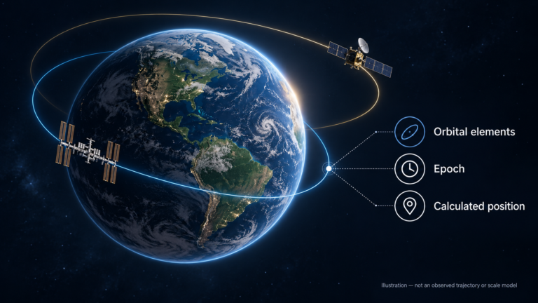 Orbital elements and their epoch are used to calculate a satellite position.
