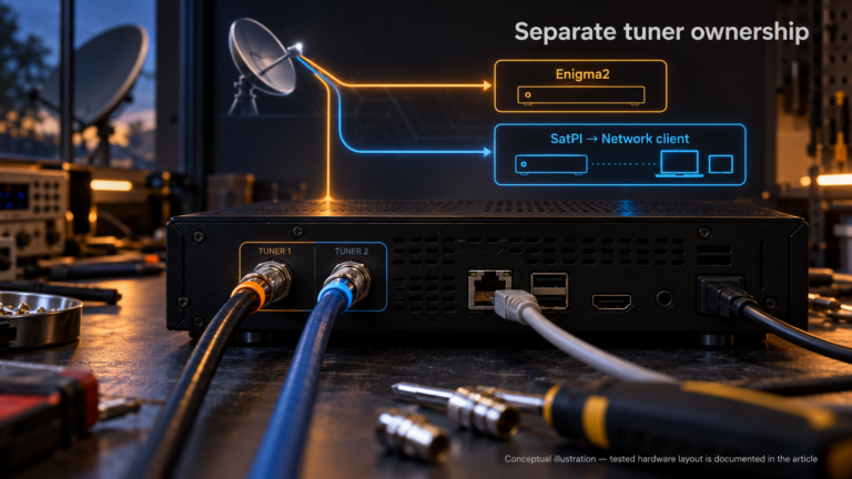 Separate tuner ownership for Enigma2 and SatPI, illustrated with an unbranded receiver.