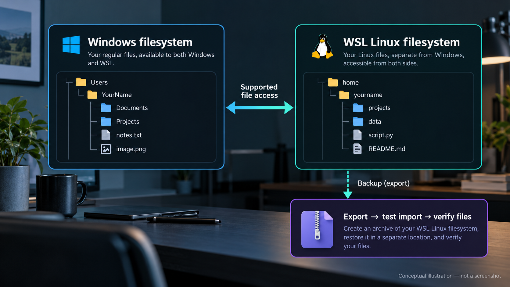 Windows and Linux filesystem access with an export and restore-verification workflow.